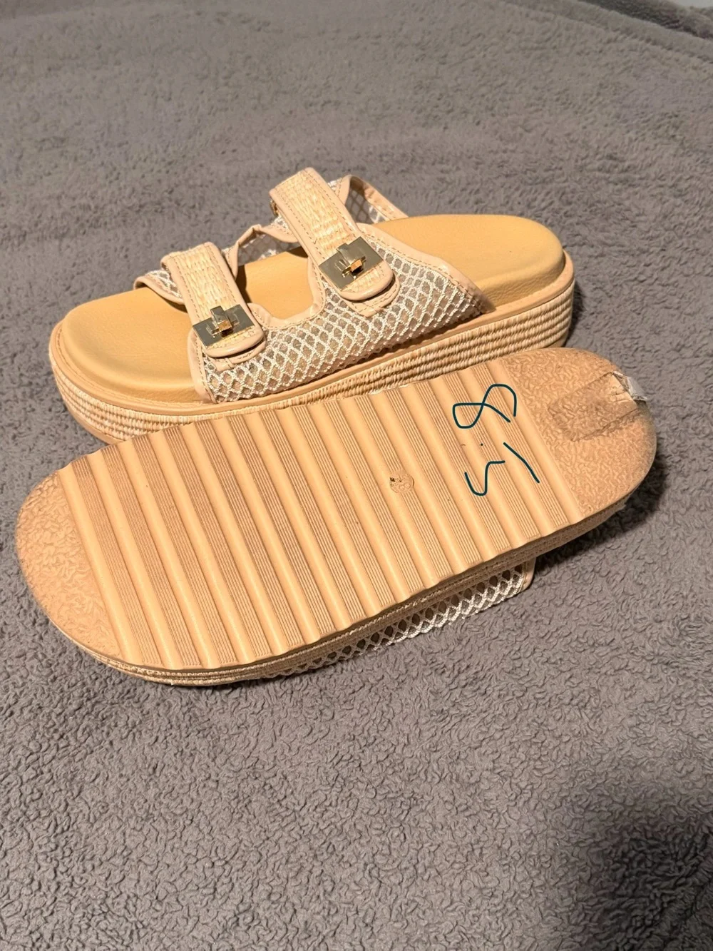 Woven Double-Strap Platform Slides in Neutral Beige